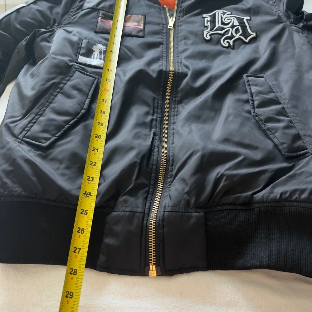 HM Divided Mens LA Patch Bomber Jacket Black Orange Lining Medium Streetwear MA1